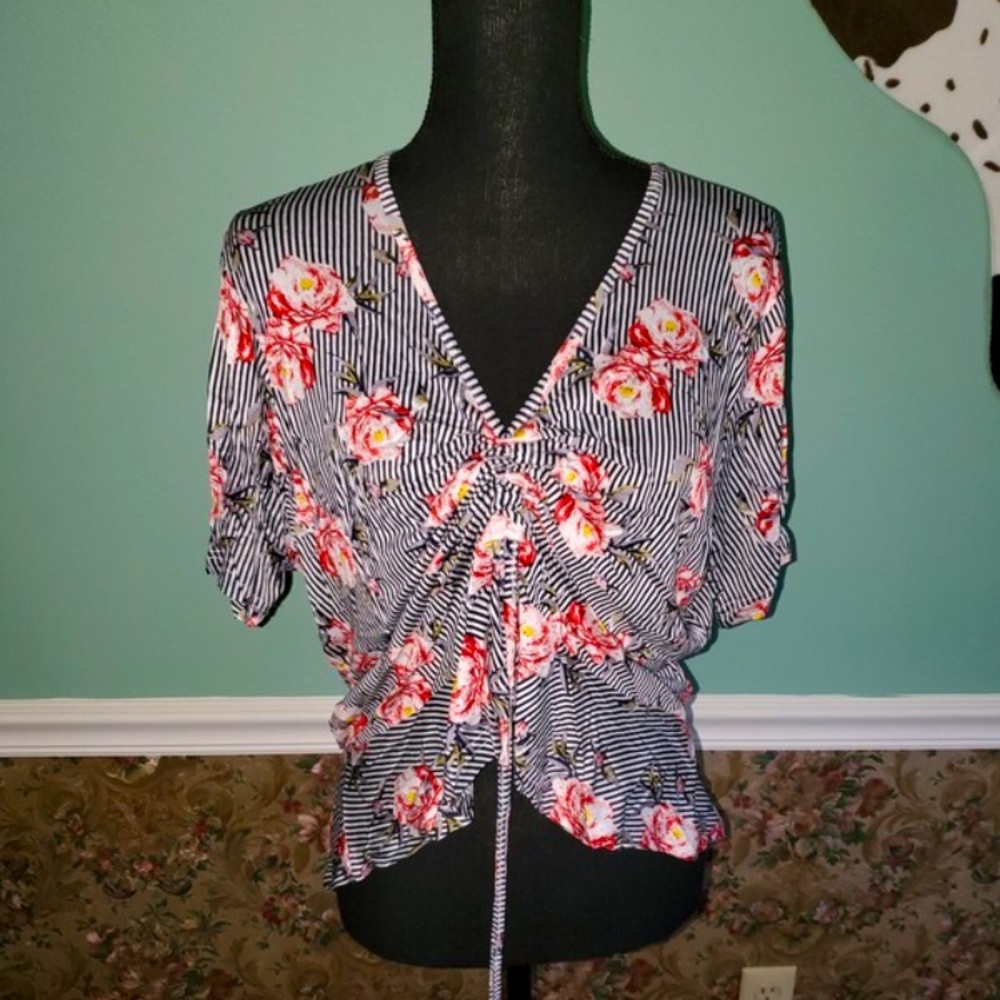 Janing Floral Black & White Striped Top